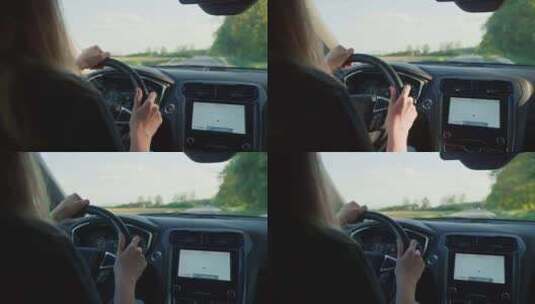 女子在乡村公路上驾驶汽车车内女司机的背影高清在线视频素材下载