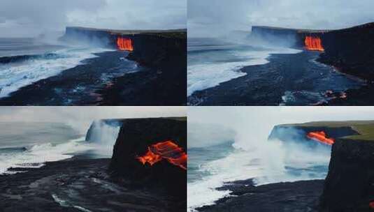 熔岩沙滩 黑色奇景 海浪涌动 悬崖壮观高清在线视频素材下载