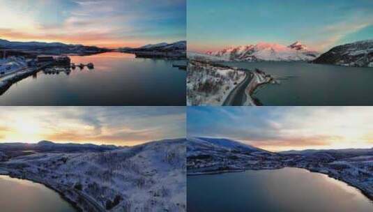 4K航拍北欧挪威特罗姆瑟雪景美景高清在线视频素材下载