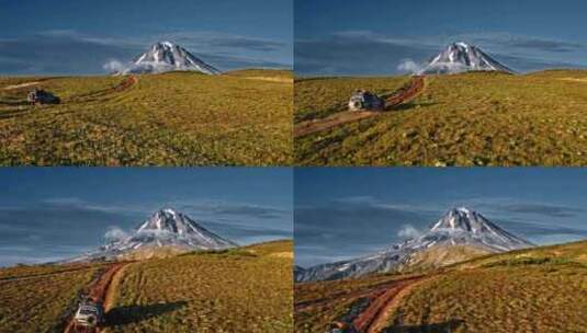 吉普车驶过火山天线高清在线视频素材下载