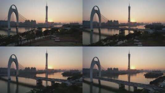 广州塔小蛮腰珠江新城猎德大桥二沙岛日出高清在线视频素材下载