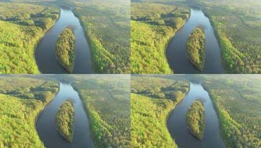 航拍大兴安岭秋季河心岛森林风光高清在线视频素材下载