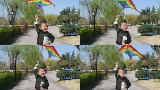 中国小朋友在公园树林中放风筝高清在线视频素材下载