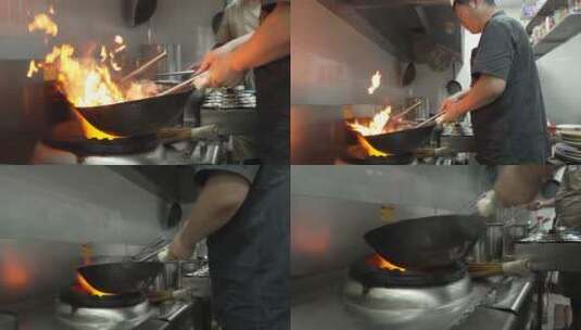 厨师炒菜油锅烹饪火焰高清在线视频素材下载