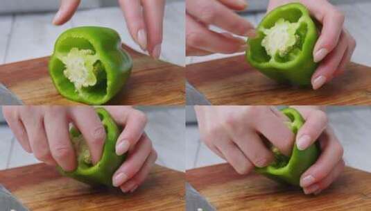 在菜板上去除甜椒里面的种子高清在线视频素材下载