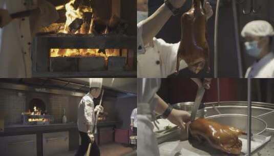 北京烤鸭烤制、切片等制作流程高清在线视频素材下载
