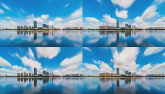 中国辽宁沈阳浑河岸边城市建筑蓝天白云高清在线视频素材下载