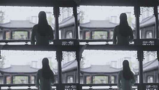 身穿汉服年轻女子走到中式合院景观池边高清在线视频素材下载