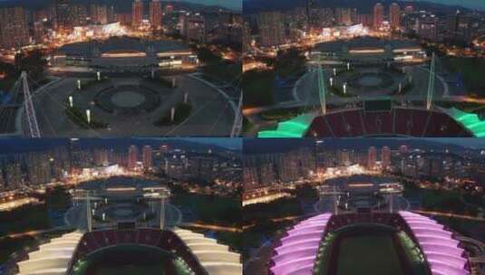 义乌市场体育场夜景风光 渐远视角航拍高清在线视频素材下载