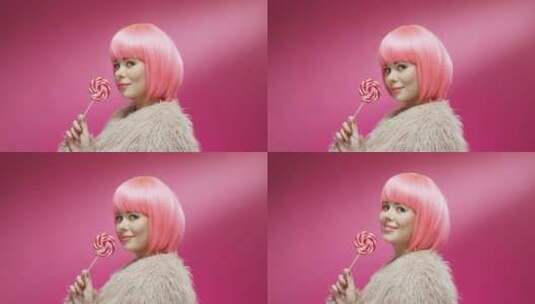 戴着粉色假发的女人的特写镜头高清在线视频素材下载