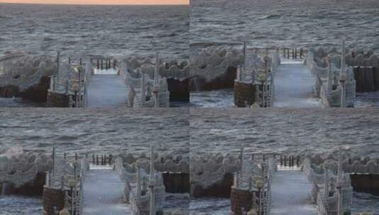 山东威海金海湾栈桥冬天冰封景观海浪高清在线视频素材下载