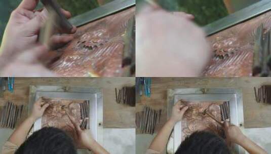手工艺视频手工匠人锻铜雕刻麒麟图案高清在线视频素材下载
