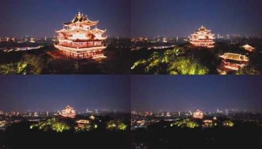 航拍杭州吴山城隍阁建筑夜景视频高清在线视频素材下载
