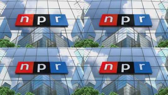 社论，国家公共广播电台在玻璃建筑上的标志。高清在线视频素材下载