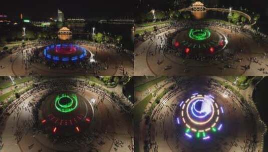鄂州夜景航拍鄂州市政府凤凰广场音乐喷泉高清在线视频素材下载