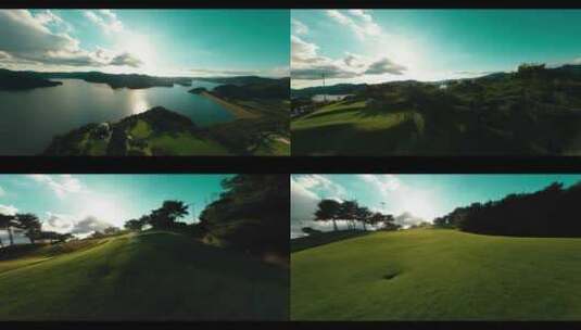 FPV穿越机无人机航拍美女打高尔夫球草坪高清在线视频素材下载