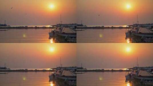 日落时海港和船只的景观拍摄高清在线视频素材下载