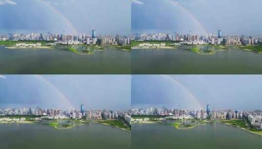 海南海口雨过天晴，航拍城市上空双彩虹高清在线视频素材下载