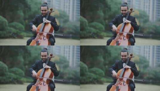 外国男人拉大提琴演奏高清在线视频素材下载