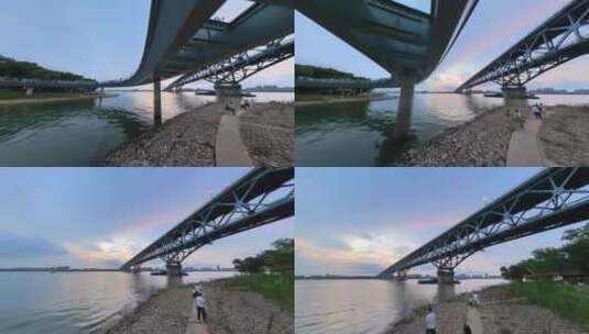 在南京金川河口仰望壮观的长江大桥高清在线视频素材下载