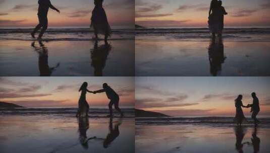 情侣、剪影和在海滩上跳舞，以结合、泼水或高清在线视频素材下载