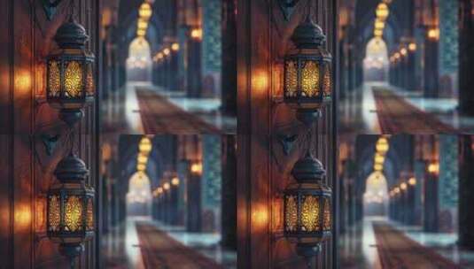 斋月灯笼挂在清真寺上，后面有一条长长的走高清在线视频素材下载