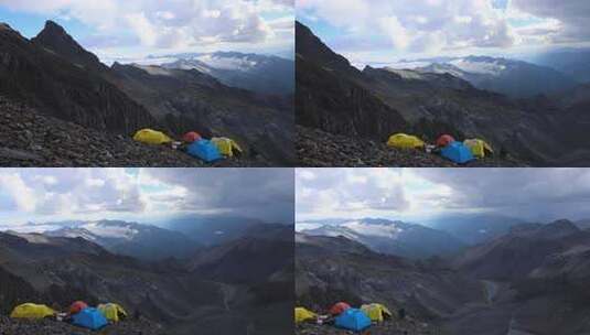 攀登四川岷山山脉雪宝顶雪山的登山者C1营地高清在线视频素材下载