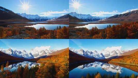 高原秋景 蓝天无垠 雪山倒映 秋阳洒金高清在线视频素材下载