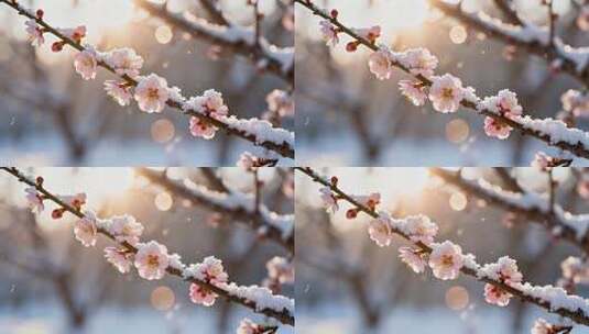 枝头覆雪的粉色花朵特写高清在线视频素材下载