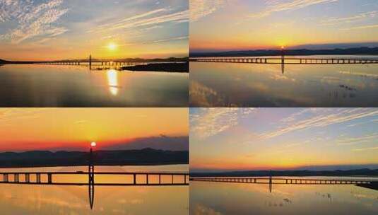 航拍枣庄庄里水库绝美晚霞水天一色延时摄影高清在线视频素材下载