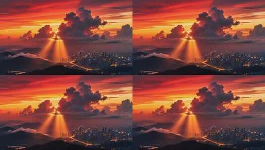 航拍落日晚霞延时 云 丁达尔效应4K高清在线视频素材下载