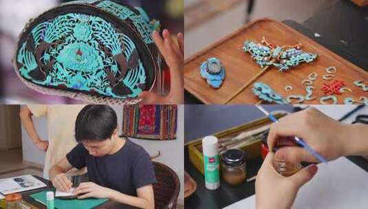 非遗传统手艺纸胎点翠纯手工制作流程高清在线视频素材下载
