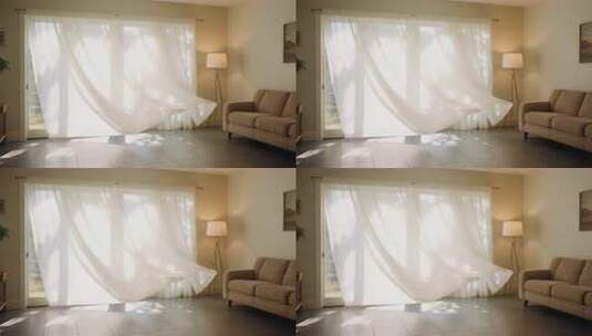 室内飘动的白色窗帘素材高清在线视频素材下载