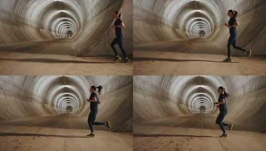 女子在隧道内跑步高清在线视频素材下载
