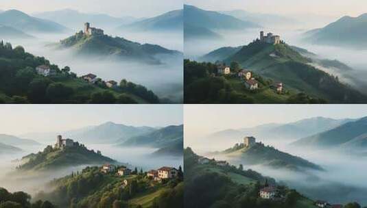 山间城堡云雾环绕风景高清在线视频素材下载