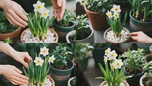 双手呵护水仙花盆栽高清在线视频素材下载