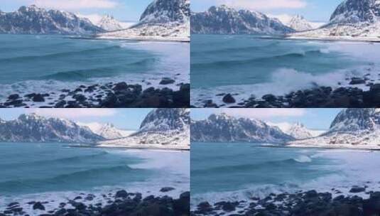 美丽的北峡湾掀起的浪花拍打着岸边的岩石高清在线视频素材下载