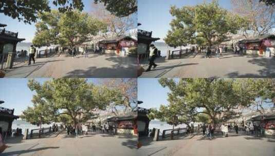 超广角拍摄西湖边的人行路高清在线视频素材下载