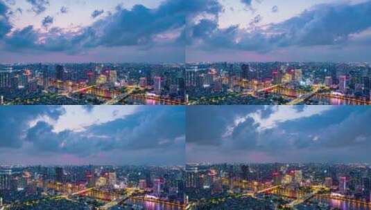 广州珠江两岸城市建筑灯光与唯美晚霞航拍高清在线视频素材下载