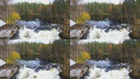 秋林中木屋旁的一条河高清在线视频素材下载