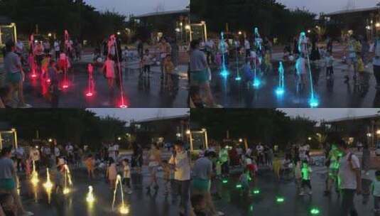成都夜晚公园里小孩在喷泉边玩耍高清在线视频素材下载