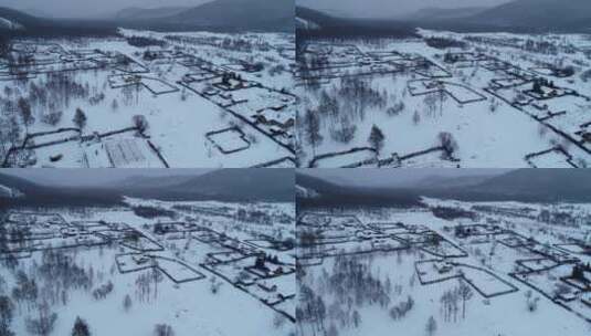 航拍冬季大兴安岭雪村人家高清在线视频素材下载
