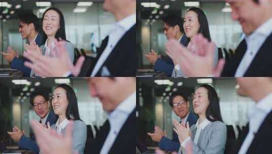快乐，亚洲人或掌声与商务会议介绍，研讨会高清在线视频素材下载
