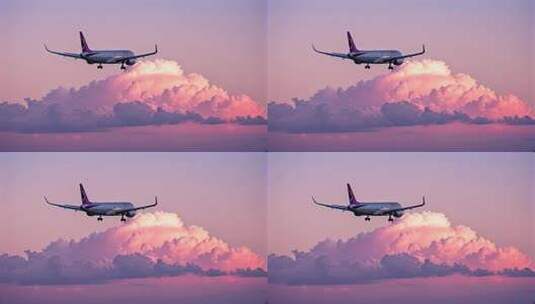 飞机降落云彩粉色天空航空旅行场景高清在线视频素材下载
