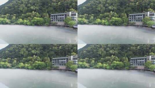 杭州建德新安江晨雾中航拍高清在线视频素材下载