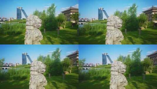 4K高清实拍西安曲江遗址公园南湖石狮子高清在线视频素材下载