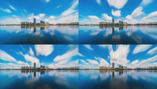 中国辽宁沈阳浑河岸边城市建筑蓝天白云高清在线视频素材下载