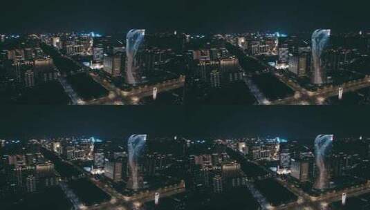 西安高新延长石油大厦夜晚航拍高清在线视频素材下载
