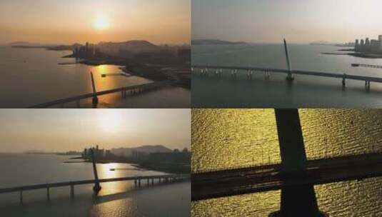 深圳湾大桥航拍日落高清在线视频素材下载