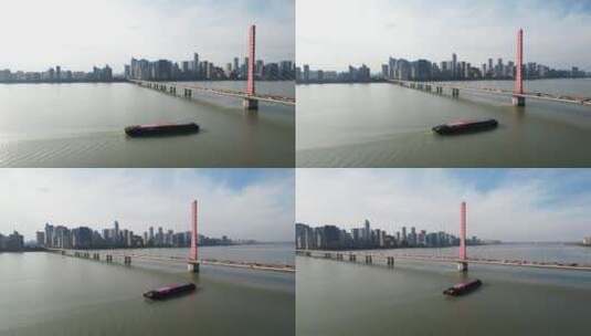 货轮驶过钱塘江钱江三桥航拍高清在线视频素材下载